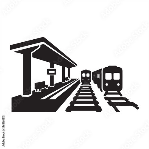Modern train station platform with arriving trains on tracks