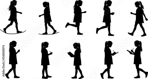 Girl silhouette vector art walking running writing reading poses set for graphic design and illustration