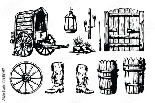 Wild West Props Vector Engraving Set. Detailed Monochrome Frontier Town Illustrations. Vintage Stipple & Hatching Style Icons & Symbols