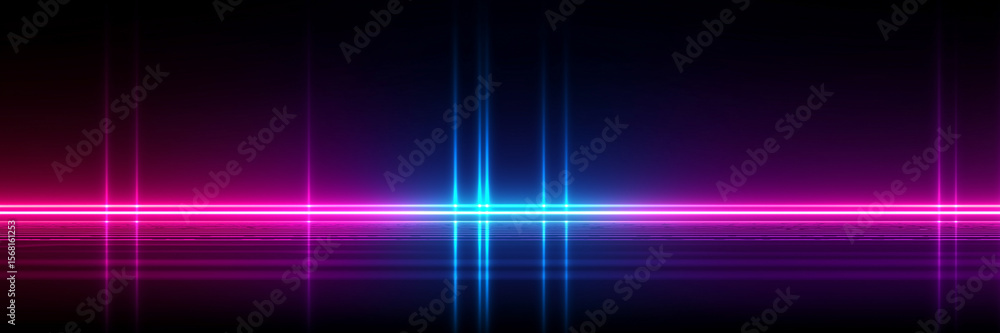 Obraz premium Neon banner glow bright blue light laser ray, futuristic abstract background sparkle energy.