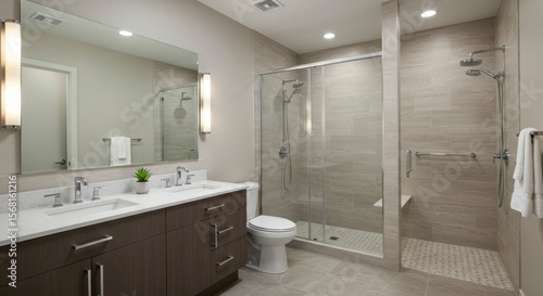 Modern bathroom with double vanities and walk-in shower