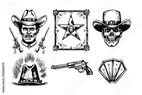 Western Symbols Vector Engraving Set. Detailed Monochrome Wild West Badge & Sign Illustrations. Vintage Stipple & Hatching Style Icons