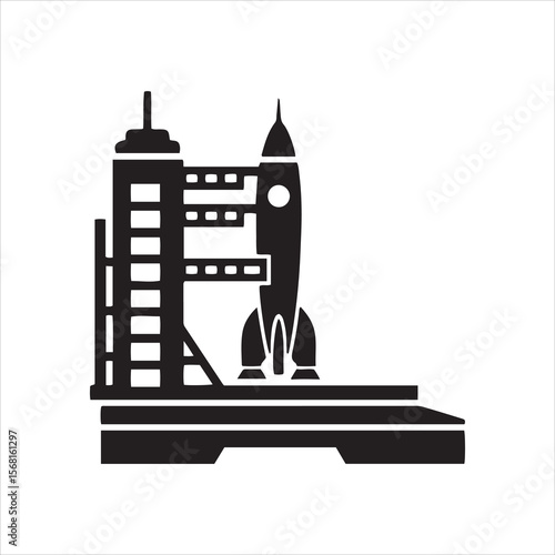 Rocket ship prepared for launch on a spaceport launch pad