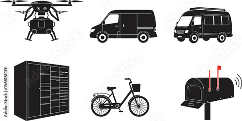 Delivery methods and transportation vehicles including drone van bicycle and mailbox vector illustration