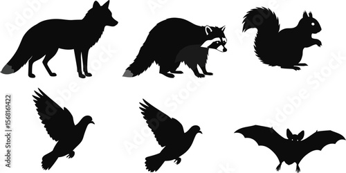 Animal silhouettes vector graphic featuring fox raccoon squirrel dove and bat clip art design element