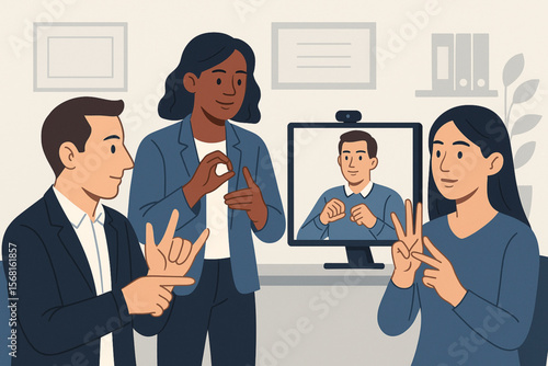 Diverse Team Using Sign Language in Online Video Conference Flat Vector Illustration