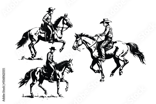 Cowboy Riding Horses Vector Engraving Set. Detailed Monochrome Western Action Illustrations. Vintage Stipple & Hatching Style Icons & Symbols