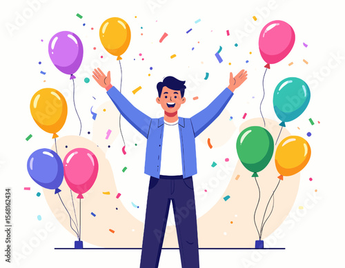 Cheerful Man Celebrating with Colorful Balloons and Confetti in a Joyful Party Atmosphere with a White Background
