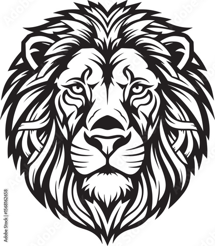 vector of a lion?s face in tribal tattoo style, perfect for logos or emblems, black on white.eps