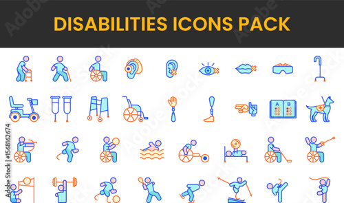 Diverse disability icons mobility aids sensory impairments and adaptive sports.