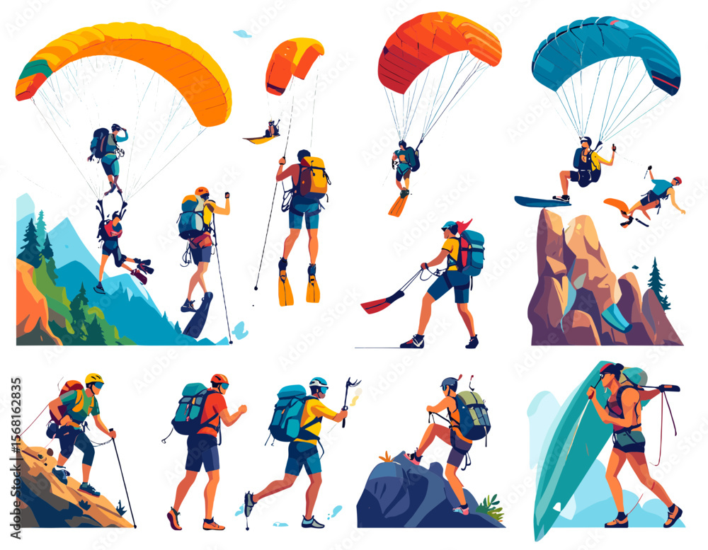 Colorful Hiking And Paragliding Adventures Set Against Mountainscapes Illustrations and Sky Backgrounds Colorful Hiking And Paragliding Adventures Set Against Mountainscapes Illustrations and Sky Backgrounds