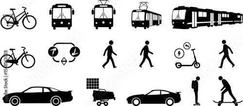 Transportation methods and travel options including bike car bus train and pedestrian vector icons set
