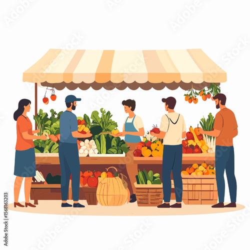 Colorful Vegetable Market Stall with Customers and Vendors Offering Fresh Produce Under a Striped Awning in a Lively Marketplace