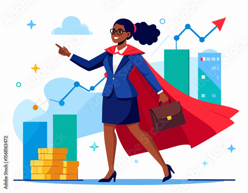 Confident Black Businesswoman with Red Cape Overlooking Financial Growth in Blue and White Background with Building and Gold Coins