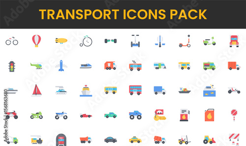 Diverse transportation icons featuring land air and sea vehicles in flat design.