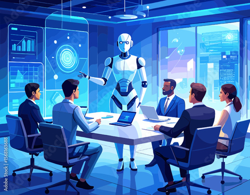 Corporate Meeting with Humanoid Robot Among Diverse Business Professionals in Modern Office with Blue Data Visualization Screens and Pixel Art Style