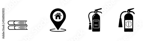 Stacked books location pin fire extinguishers reading education