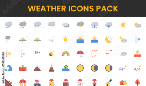 Diverse weather icons pack featuring rain sun wind temperature and natural disasters.