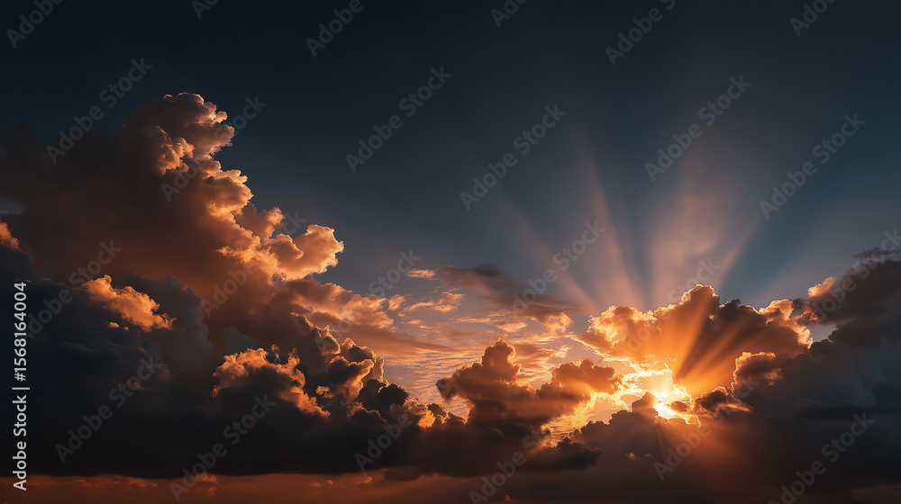 Fototapeta premium Golden Rays: Majestic sunlight bursts through dramatic, cloud-filled skies, illuminating a breathtaking vista.