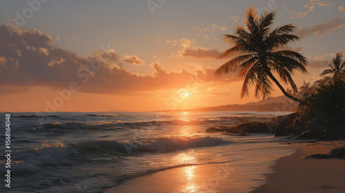 Golden Sunset Paradise: Captivating coastal scene, framed by swaying palm trees silhouetted against a backdrop of warm, golden hues. The tranquil waves gently caress the sandy shore.