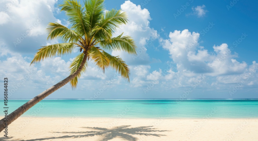 Fototapeta premium Serene tropical beach scene with a leaning palm tree, its shadow cast on the pristine white sand, overlooking tranquil turquoise water under a vibrant blue sky dotted with fluffy clouds