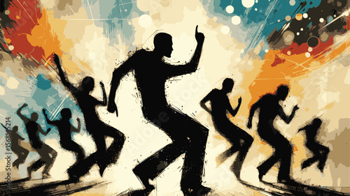 : Dynamic silhouettes of people dancing joyfully amidst colorful abstract lights, symbolizing energy, freedom, and excitement, set against a visually striking artistic backdrop.