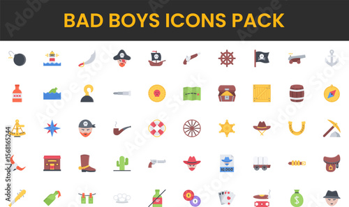 Flat Vector Icon Set Pirate and Cowboy Themed Bad Boys Elements.