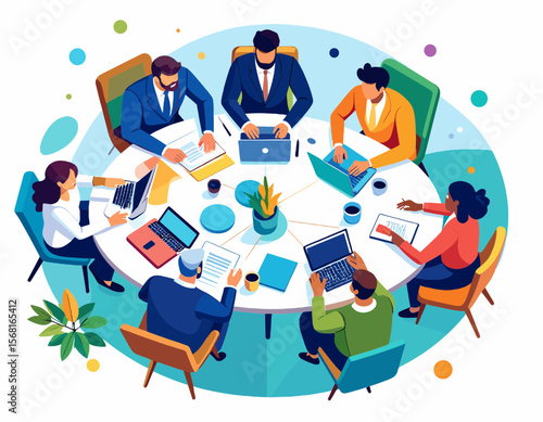 Diverse Business Team Meeting around Round Table with Laptops and Documents in Blue and Orange Color Palette