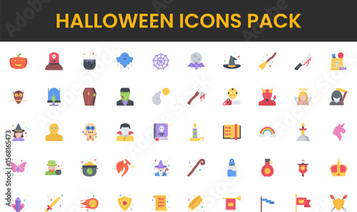 Halloween themed flat design icon set featuring spooky and magical elements.