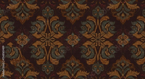 Ornate damask pattern with gold and grey floral elements on a dark maroon background