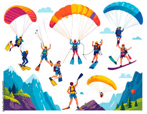 Diverse Group of People Parachuting over Mountains with Colorful Parachutes in Dynamic Vector Illustration