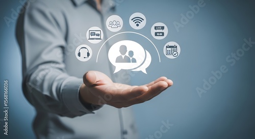 Wallpaper Mural Hand presenting a digital communication network featuring people, laptop, headphones, wifi, livestream, and a calendar in a virtual interface Torontodigital.ca