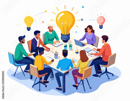 Diverse Team Brainstorming Ideas around Table with Lightbulb in Blue and Yellow Tones in a Brightly Lit Room