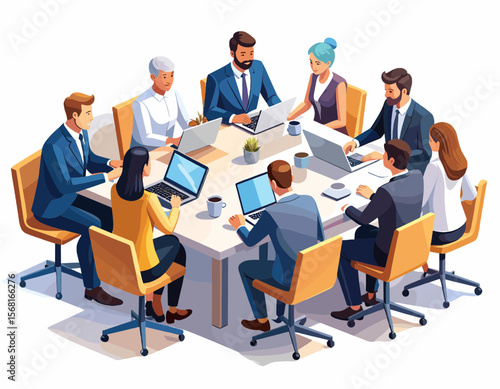 Diverse Team Collaborating Around Table in Brightly Lit Modern Meeting Room with Laptops Illustration Style