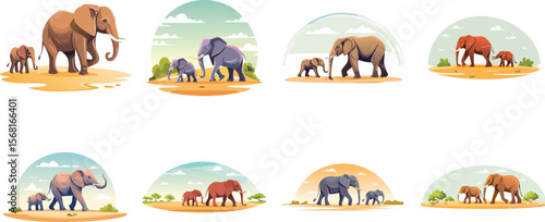 Elephant Family Walking on African Savanna – Wildlife Vector Illustration