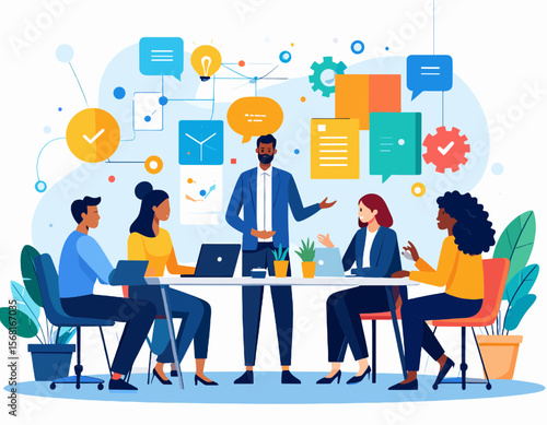 Diverse Team in Animated Meeting Illustration with Business Presentation and Bright Colors in a Modern Office Setting