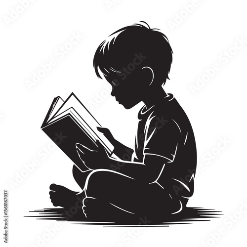 A silhouette of a boy sitting and reading a book isolated on a white background.
