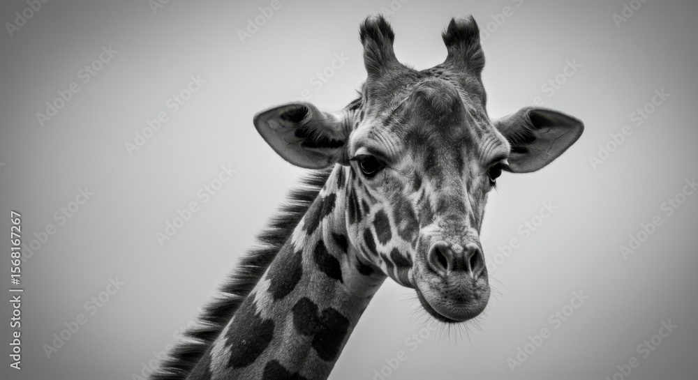 Obraz premium Close-up grayscale portrait of a giraffe's head and neck