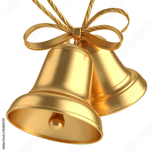 Golden Sleigh Bells on String 3D Render Glossy Festive Christmas Ornament Transparent Background