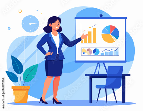 Enthusiastic Businesswoman Presenting Data Chart on Whiteboard in a Bright Office with Blue Accents Plant and Clock Illustration