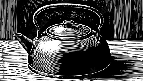 A cast iron kettle with a curved spout and round lid, perfect for vintage kitchen visuals or tea culture illustrations a black and white line art illustration