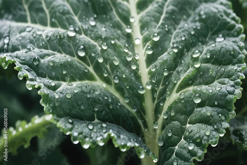 Macro Closeup of Dew Drops on Fresh Green Kale Leaf
