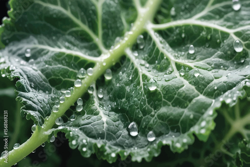Macro Closeup of Dew Drops on Fresh Green Kale Leaf
