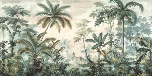 Wallpaper serene tropical landscape painting in pastel tones	
