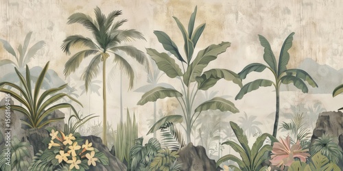 Wallpaper serene tropical landscape painting in pastel tones	
