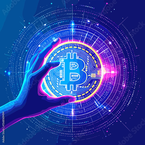 Hand Holding Luminous Bitcoin Symbol Surrounded by Futuristic Digital Network on Dark Blue Background Cryptocurrency Concept