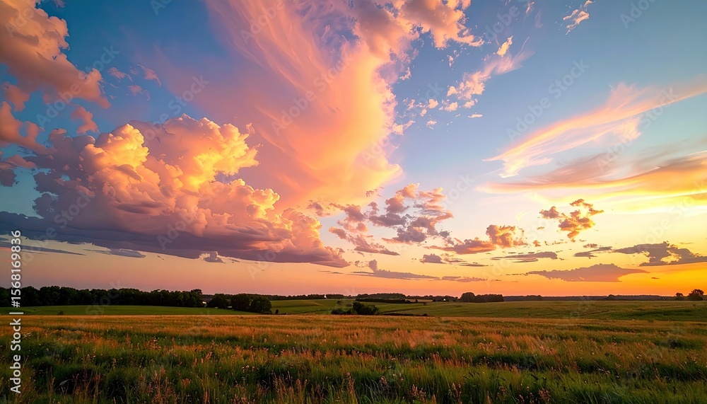 Obraz premium Sunset over a grassy field with dramatic clouds