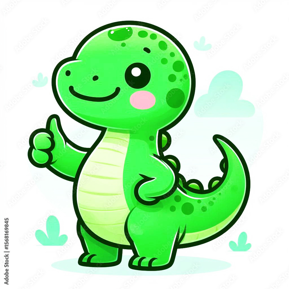 Fototapeta premium Baby green dino, thumbs up, cartoon illustration. AI
