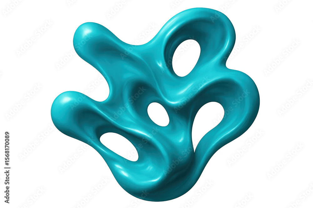 Fototapeta premium Turquoise fluid abstract form morphing, transforming dynamically against transparent background for contemporary visual design