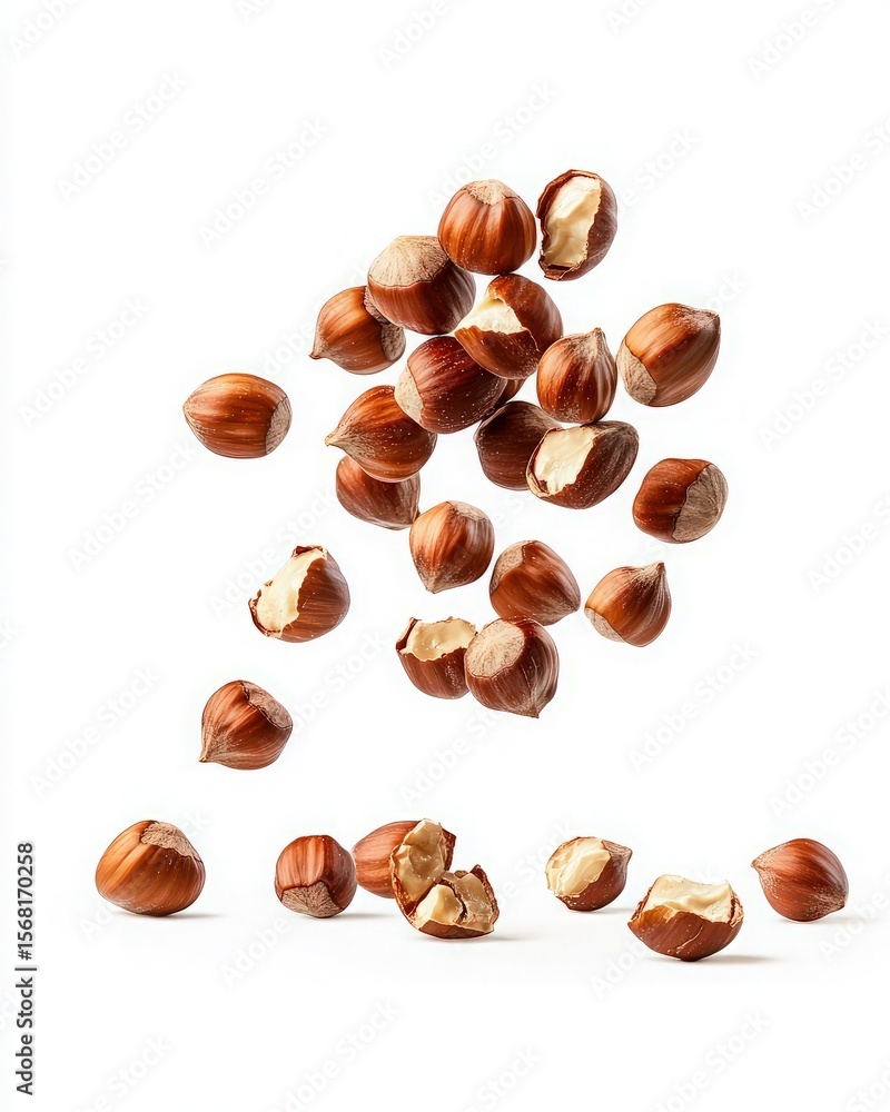 Fototapeta premium Fresh Raw Hazelnuts Falling in Mid-Air on a White Background for Culinary and Food Design Concepts
